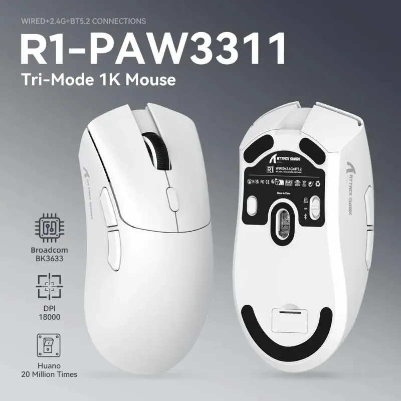 Компьютерная мышь Attack Shark R1, Wireless/Bluetooth, 18000dpi, (PAW3311), 6кн., White (R1W_AS)
