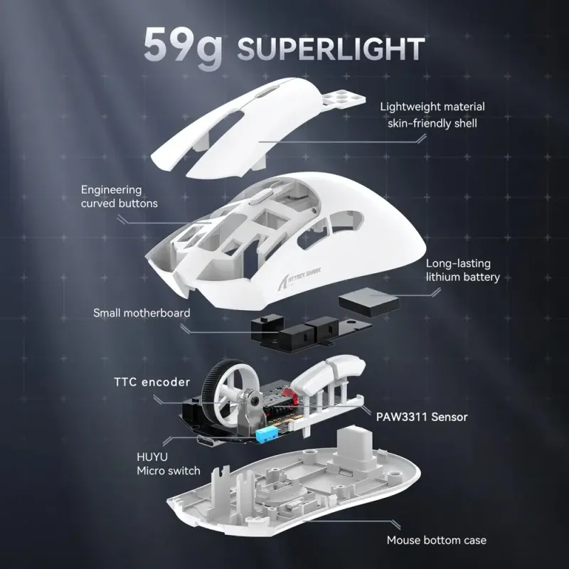 Компьютерная мышь Attack Shark R1, Wireless/Bluetooth, 18000dpi, (PAW3311), 6кн., White (R1W_AS)