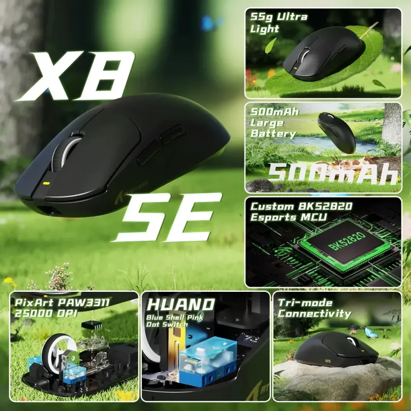 Компьютерная мышь Attack Shark X8 SE, Wireless/Bluetooth, 25000dpi. (PAW3311), 6кн., Black (X8SEB_AS)
