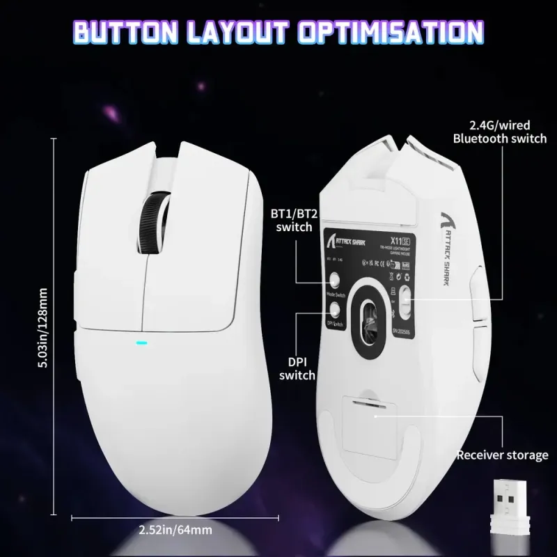 Компьютерная мышь Attack Shark X11SE, Wireless/Bluetooth, 22000dpi. (PAW3311), 6кн., White (X11SEW_AS)