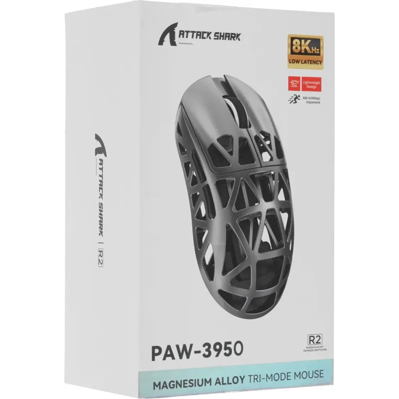 Компьютерная мышь Attack Shark R2, Wireless/Bluetooth, 42000dpi. (PAW3950), 6кн., Silver gray (R2SGR_AS)