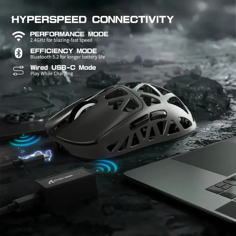 Компьютерная мышь Attack Shark R2, Wireless/Bluetooth, 42000dpi. (PAW3950), 6кн., Silver gray (R2SGR_AS)