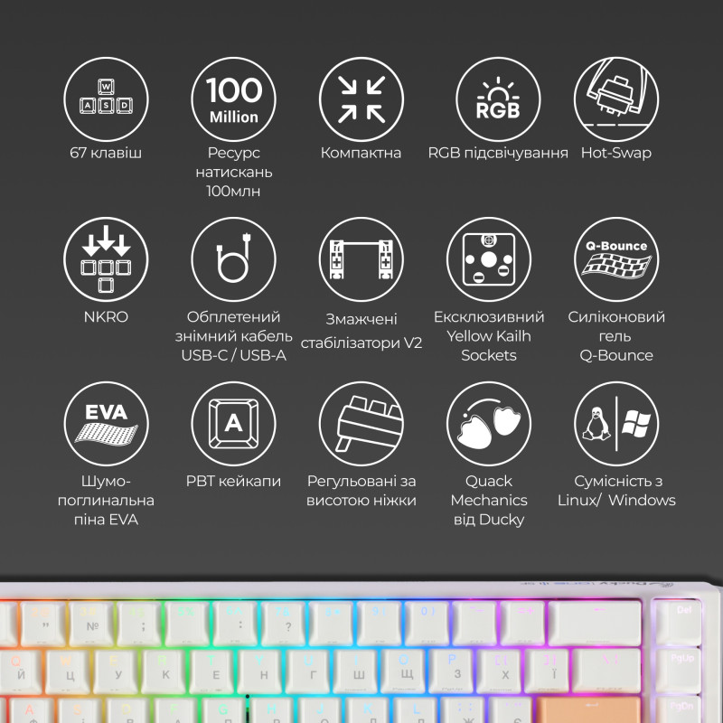 Клавиатура Ducky One 3 SF Cherry MX Brown RGB UA USB White (DKON2167ST-BUAPXPWWWSC1)