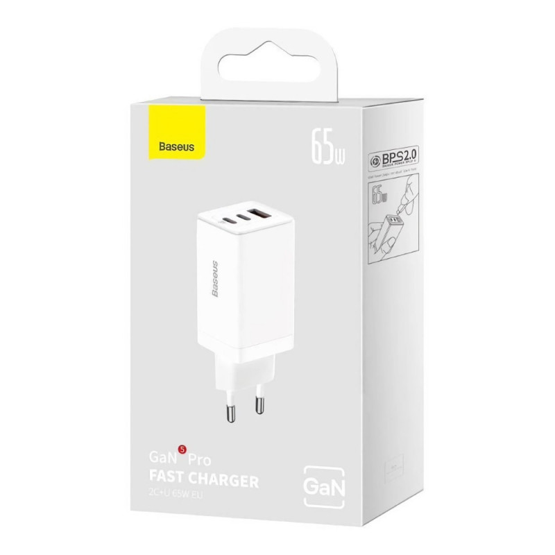 Зарядний пристрій Baseus GaN5 Pro Fast Charger 2C+U 65W White w/Type-C to Type-C (CCGP120202)