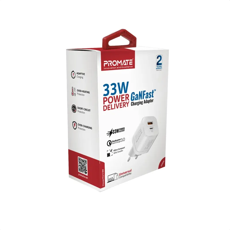 Зарядное устройство Promate PowerPort-33 W USB-C+USB-A White (powerport-33.white)