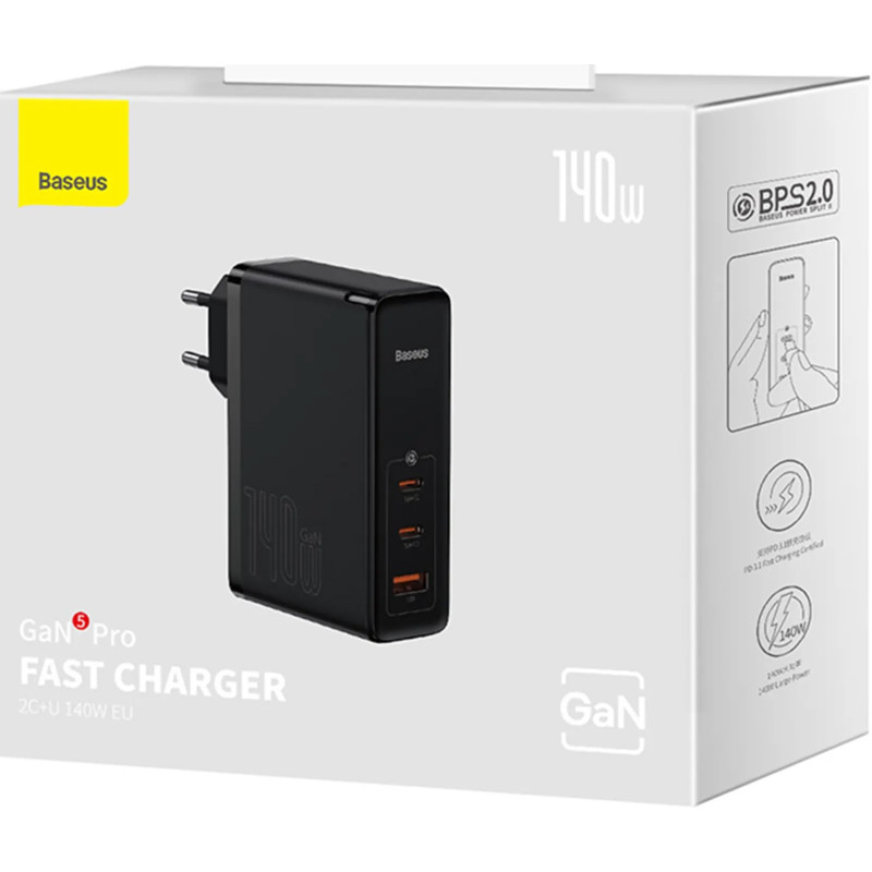 Зарядний пристрій Baseus GaN5 Pro Fast Charger 2C+U 140W Black w/Type-C to Type-C cable (CCGP100201)