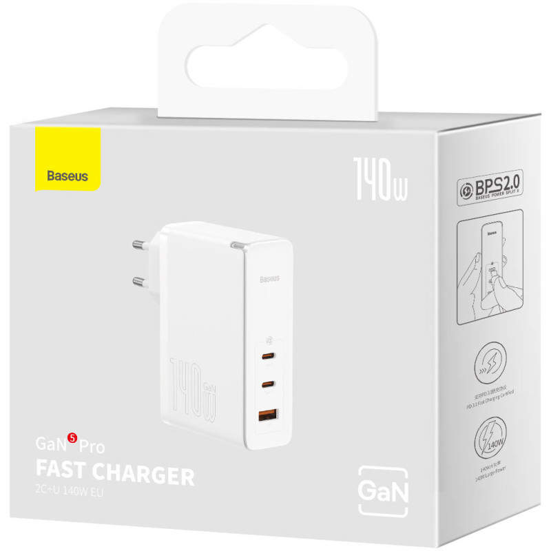 Baseus GaN5 Pro Fast Charger 2C+U 140W White w/Type-C to Type-C cable (CCGP100202)