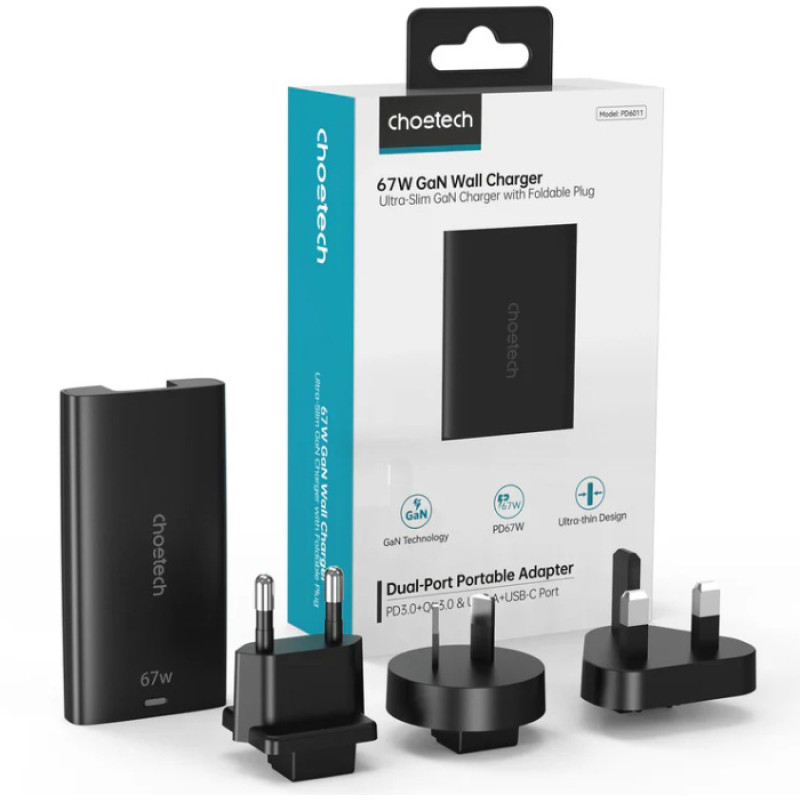 Choetech PD6011 67W GaN Ultra Thin Wall Charger Black (PD6011-EU-BK)