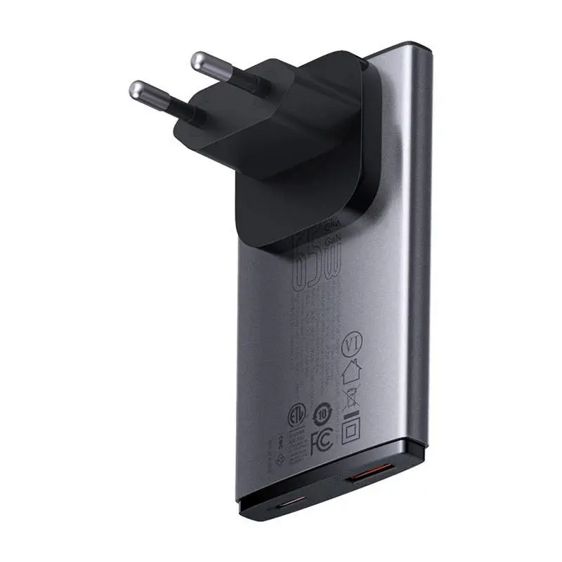 Зарядний пристрій Baseus GaN5 Pro Ultra-Slim Fast Charger C+U 65W Overseas Edition Gray + Type-C to Type-C (CCGP150113)