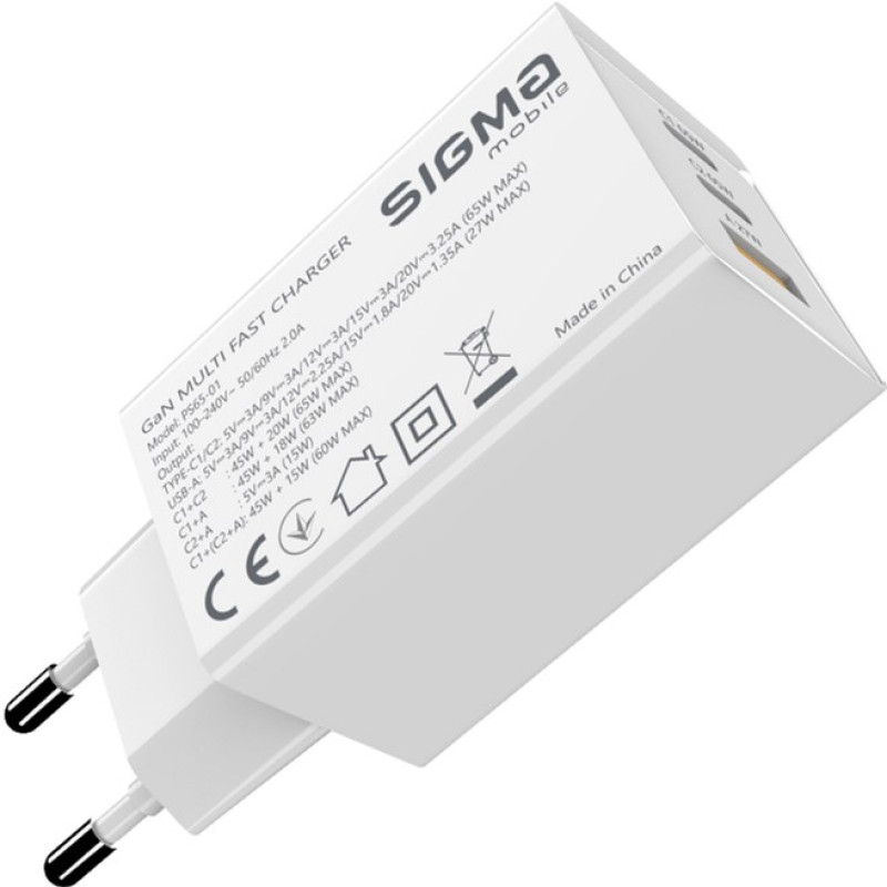 Зарядний пристрій Sigma мобільний X-Power 65W GaN, PD, QC (2xUSB-C + 1xUSB-A) White (PS65-01)