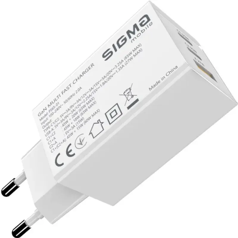 Зарядний пристрій Sigma мобільний X-Power 65W GaN, PD, QC (2xUSB-C + 1xUSB-A) White (PS65-01)
