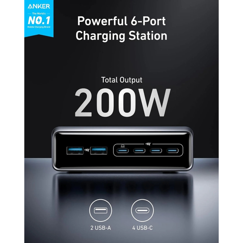 Зарядний пристрій Anker GaNPrime Charger - 200W, 4xUSB-C PD & 2xUSB-A Black (A2683341)