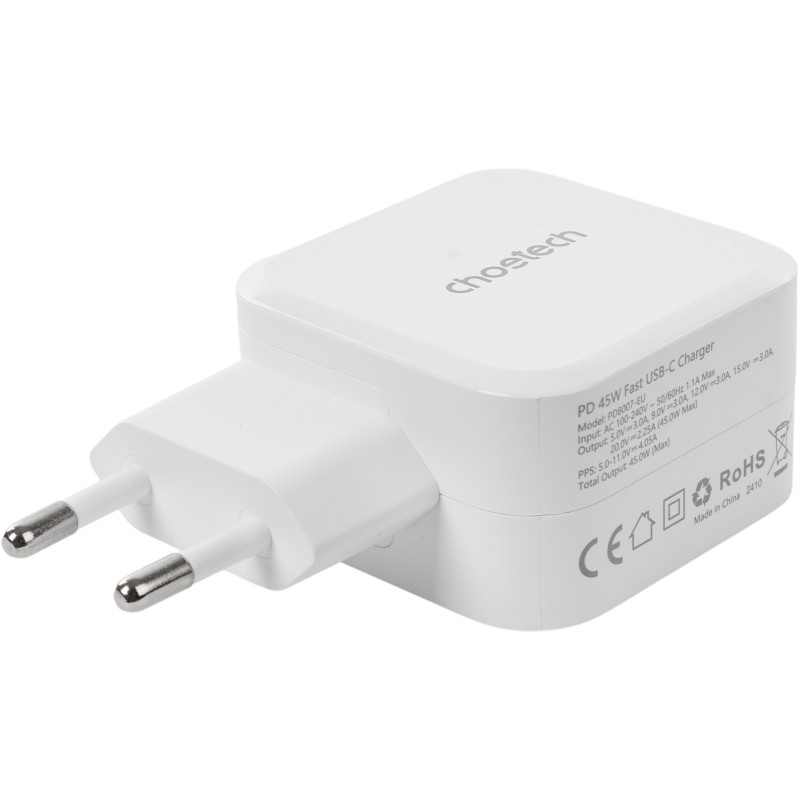 Зарядний пристрій Choetech GaN USB Type-C 45W, PD, QC, PPS White (PD8007) (PD8007-EU-WH)