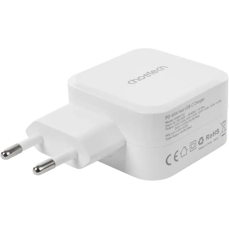 Зарядний пристрій Choetech GaN USB Type-C 45W, PD, QC, PPS White (PD8007) (PD8007-EU-WH)