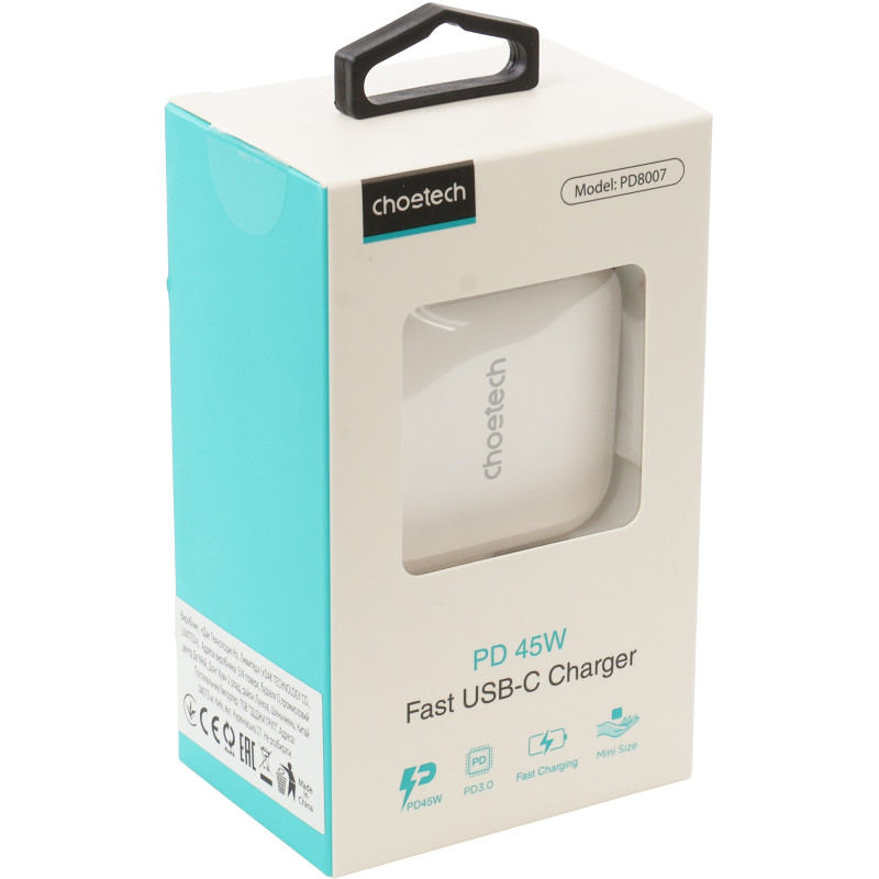 Зарядний пристрій Choetech GaN USB Type-C 45W, PD, QC, PPS White (PD8007) (PD8007-EU-WH)