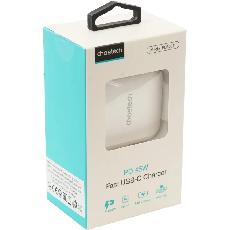 Зарядний пристрій Choetech GaN USB Type-C 45W, PD, QC, PPS White (PD8007) (PD8007-EU-WH)