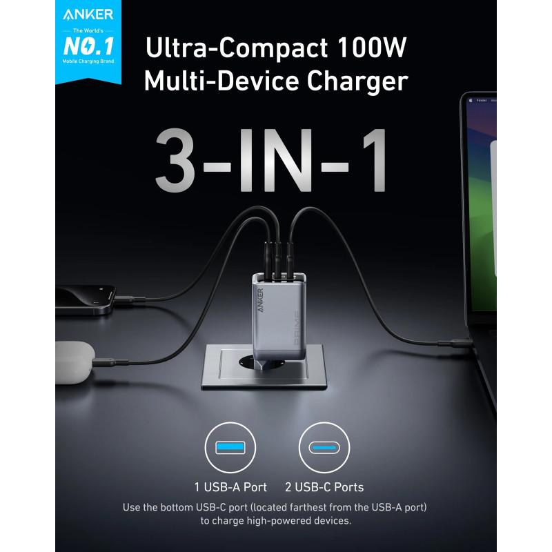 Зарядний пристрій Anker GaNPrime Charger 100W 2xUSB-C PD 1xUSB-A Foldable Silver (A2688341)