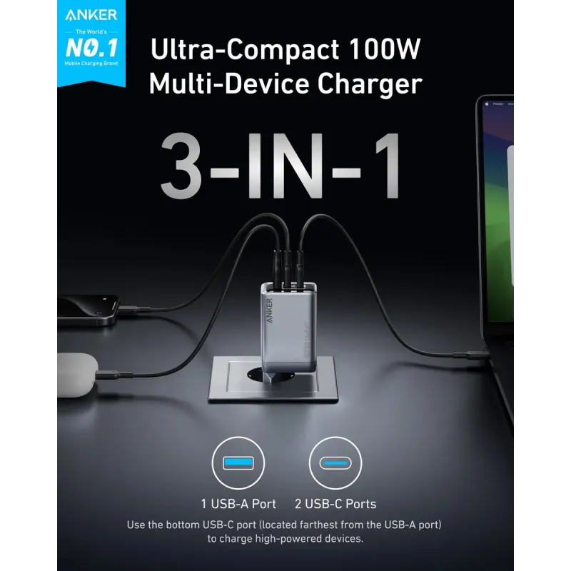 Зарядное устройство Anker GaNPrime Charger 100W 2xUSB-C PD 1xUSB-A Foldable Silver (A2688341)