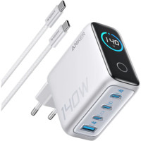 Зарядний пристрій Anker Laptop GaN Charger 140W, 3xUSB-C PD3.1 & 1xUSB-A w Display and Cable (Silver) (B2697G41)