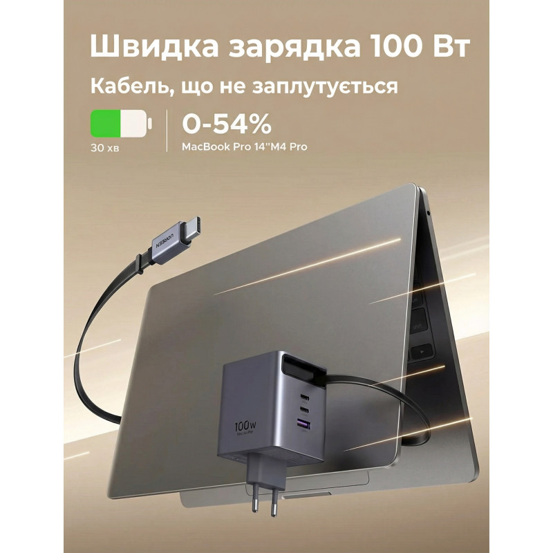 Зарядний пристрій Ugreen USB-C PD100W GaN + cable USB-C to USB-C retractable (65828)