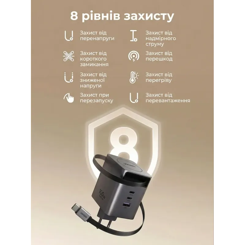 Зарядное устройство Ugreen USB-C PD100W GaN + cable USB-C to USB-C retractable (65828)