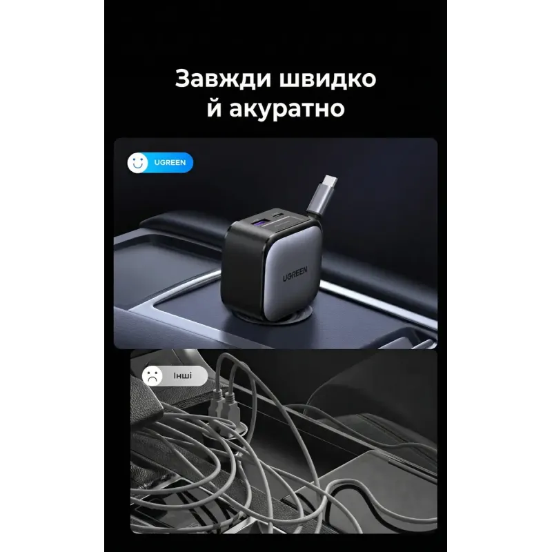 Зарядний пристрій Ugreen Car charger USB-C PD90W + cable USB-C to USB-C retractable (55909B)