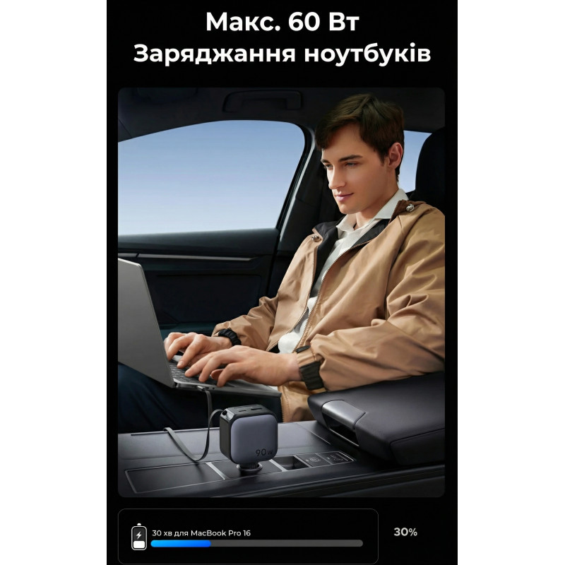 Зарядний пристрій Ugreen Car charger USB-C PD90W + cable USB-C to USB-C retractable (55909B)