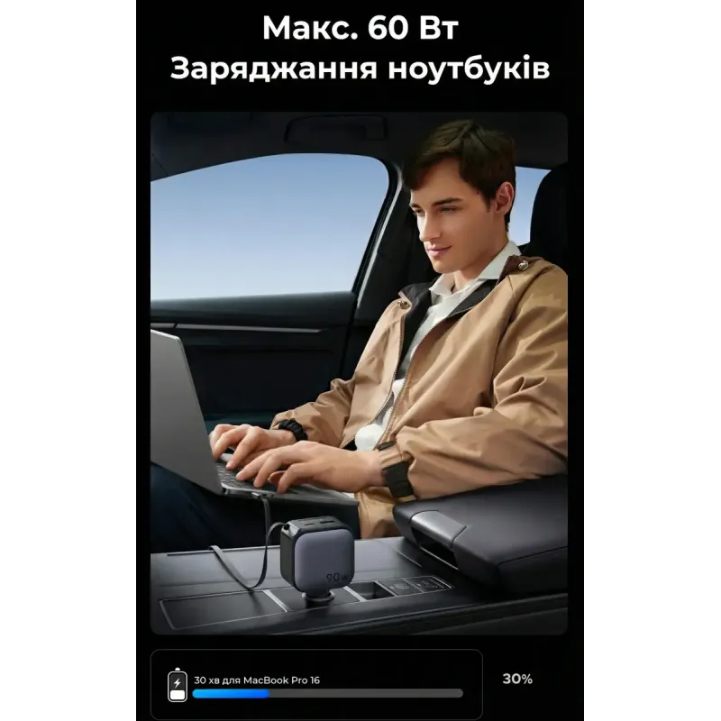 Зарядний пристрій Ugreen Car charger USB-C PD90W + cable USB-C to USB-C retractable (55909B)
