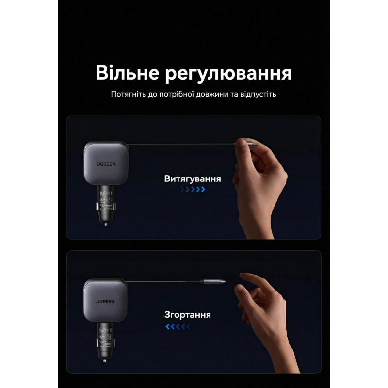 Зарядний пристрій Ugreen Car charger USB-C PD90W + cable USB-C to USB-C retractable (55909B)