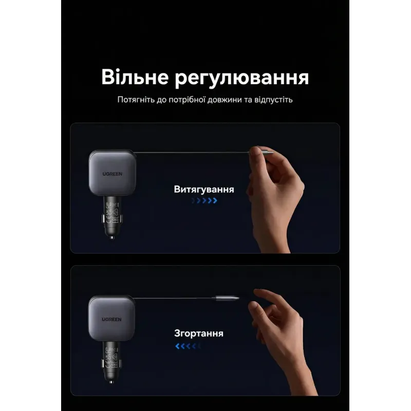 Зарядний пристрій Ugreen Car charger USB-C PD90W + cable USB-C to USB-C retractable (55909B)