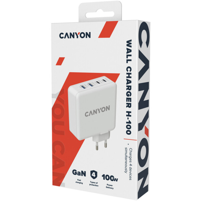 Зарядний пристрій Canyon H-100 GaN 2xUSB-C, 2xUSB-A, PD3.0, QC3.0, 100W White (CND-CHA100W01)