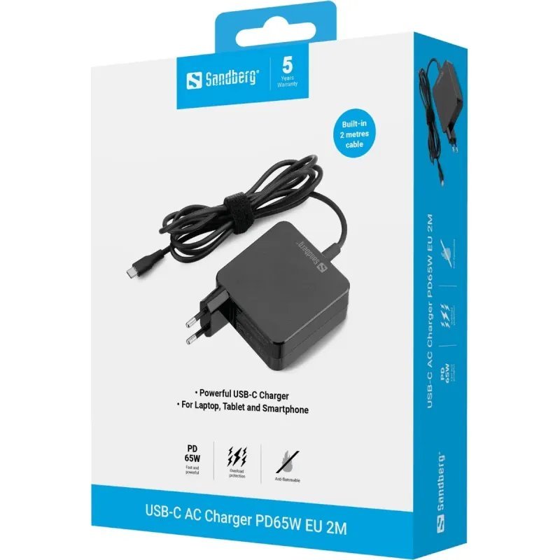 Зарядний пристрій Sandberg USB-C AC Charger PD65W EU 2M (135-79)