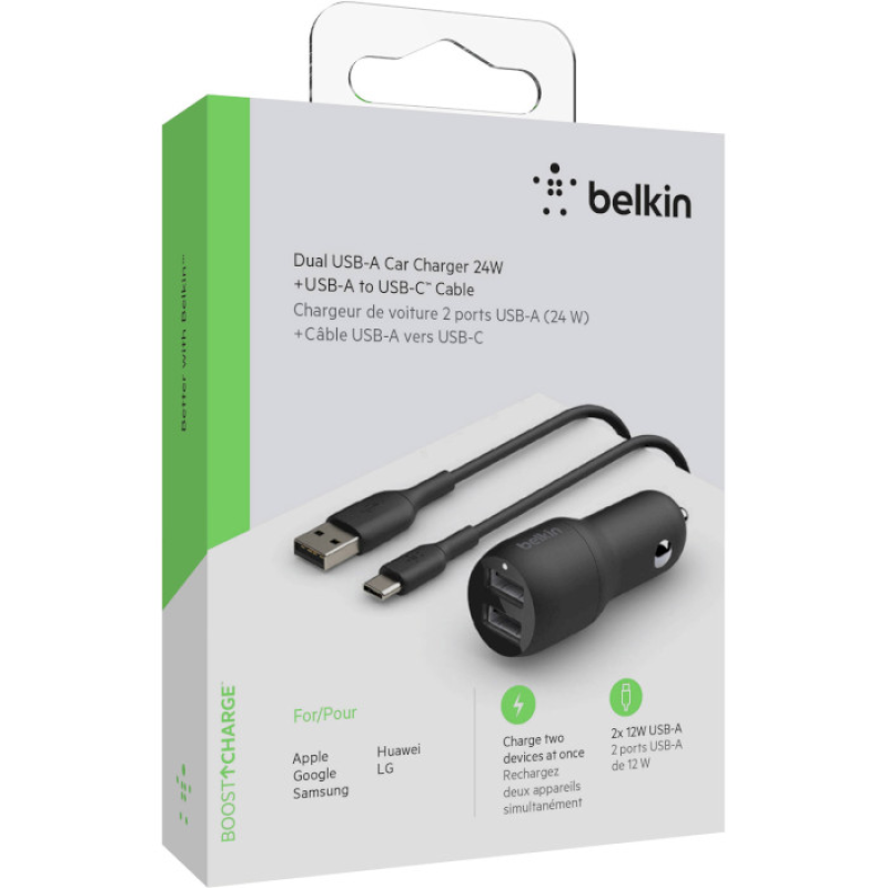 Зарядное устройство Belkin Boost Up Charge Dual USB-A Car Charger 24W + USB-A to USB-C (CCE001BT1MBK)