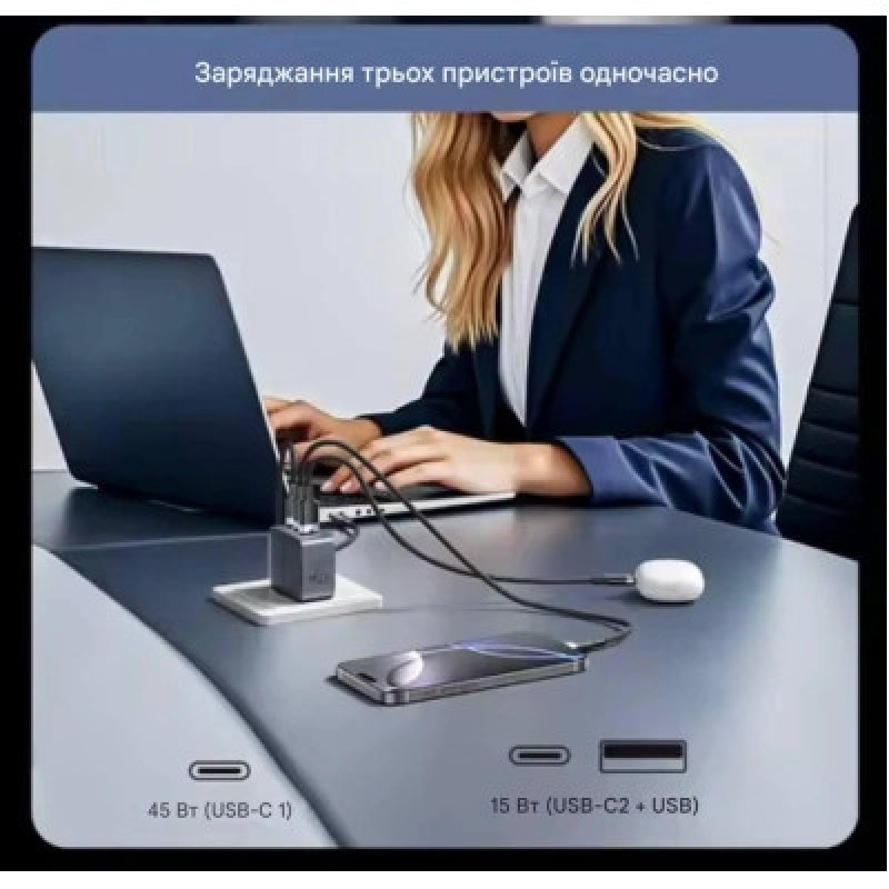 Зарядний пристрій Vention TZ-FCGH0 70W Gray Type-C cable(TZ-FCGH0-EU)