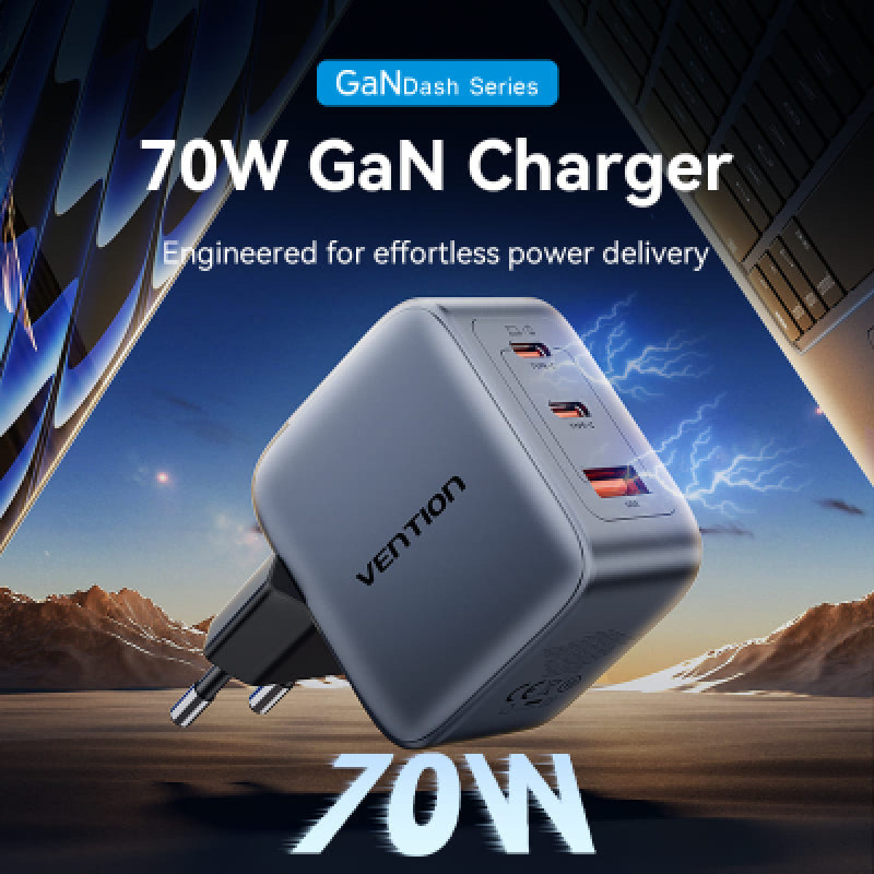 Зарядний пристрій Vention 2xUSB-C PD70W + 1xUSB QC3.0 22.5W GaN gray (FEXH0-EU)
