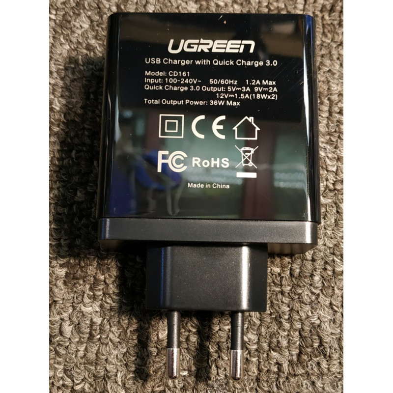 Зарядное устройство UGREEN CD161 36W 2xUSB QC 3.0 Charger Black (10216)