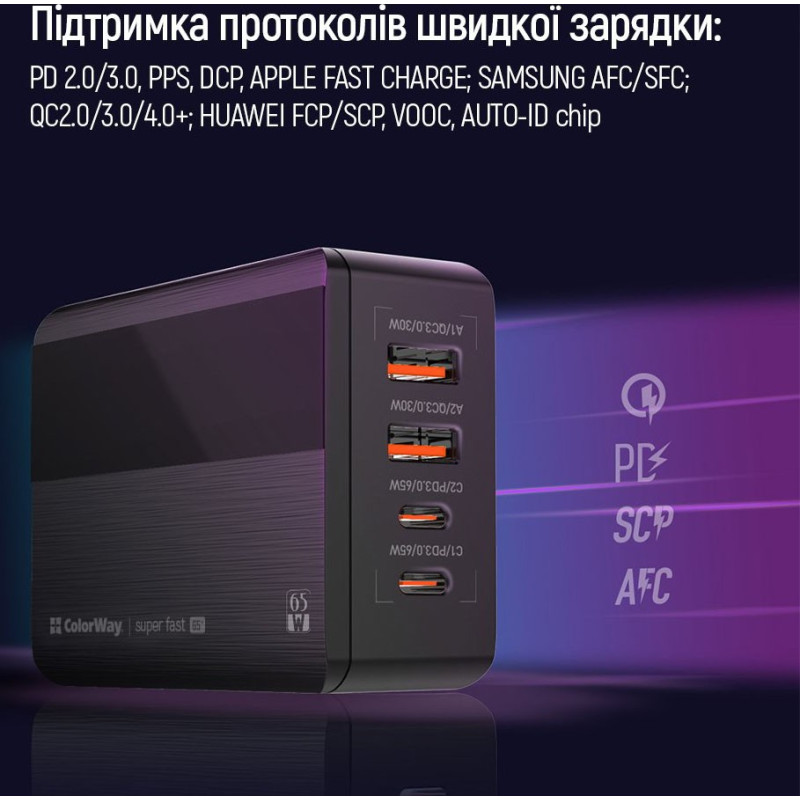 ColorWay 2USB-A + 2USB Type-C 65W Black (CW-CHS040PD-BK)
