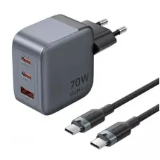 Зарядное устройство Vention 2xUSB-C PD70W + 1xUSB QC3.0 22.5W GaN + cable USB-C to USB-C 1.0m black gray (TZ-FEXH0-EU)