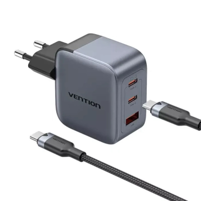 Зарядний пристрій Vention 2xUSB-C PD70W + 1xUSB QC3.0 22.5W GaN + cable USB-C to USB-C 1.0m black gray (TZ-FEXH0-EU)