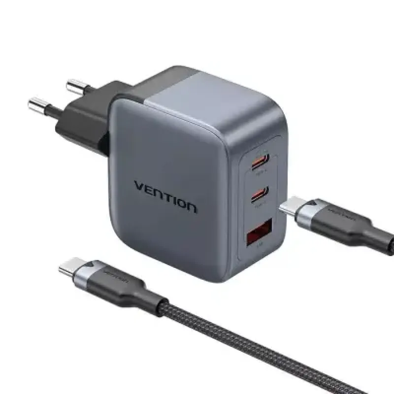 Зарядний пристрій Vention 2xUSB-C PD70W + 1xUSB QC3.0 22.5W GaN + cable USB-C to USB-C 1.0m black gray (TZ-FEXH0-EU)