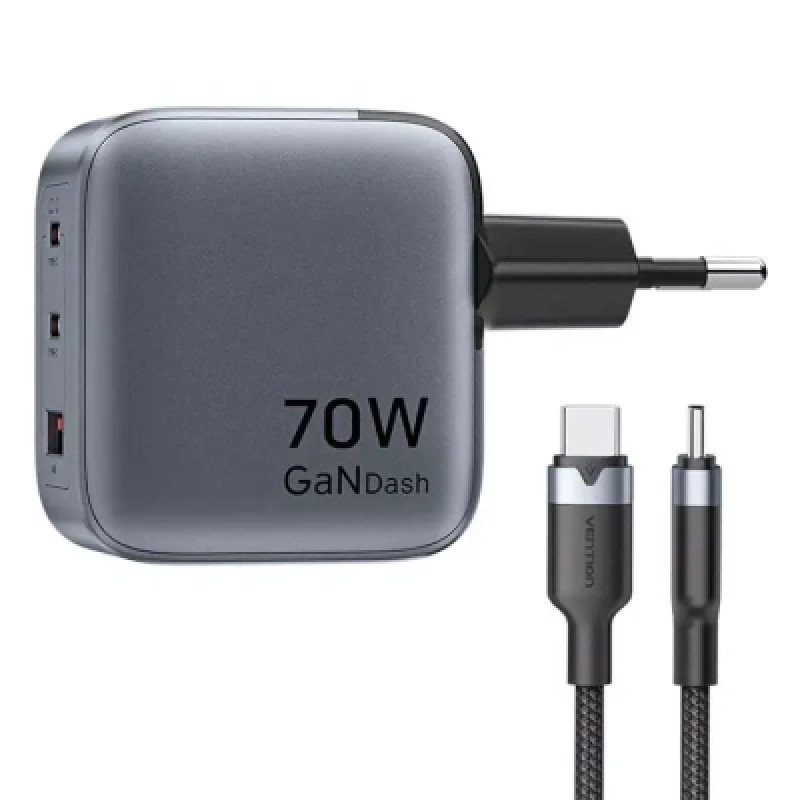Зарядний пристрій Vention 2xUSB-C PD70W + 1xUSB QC3.0 22.5W GaN + cable USB-C to USB-C 1.0m black gray (TZ-FEXH0-EU)