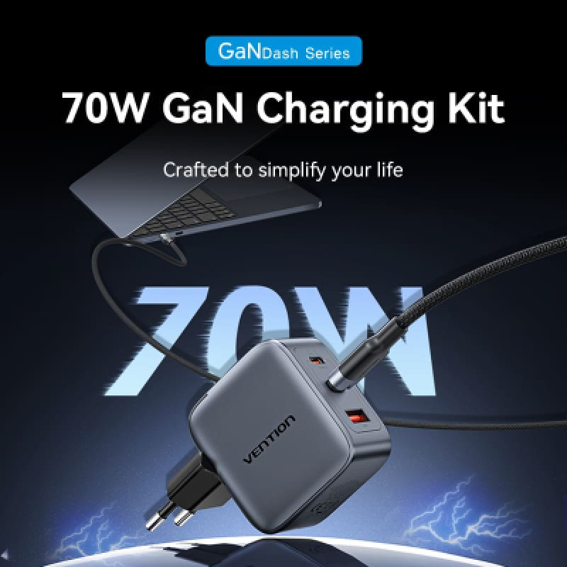 Зарядний пристрій Vention 2xUSB-C PD70W + 1xUSB QC3.0 22.5W GaN + cable USB-C to USB-C 1.0m black gray (TZ-FEXH0-EU)
