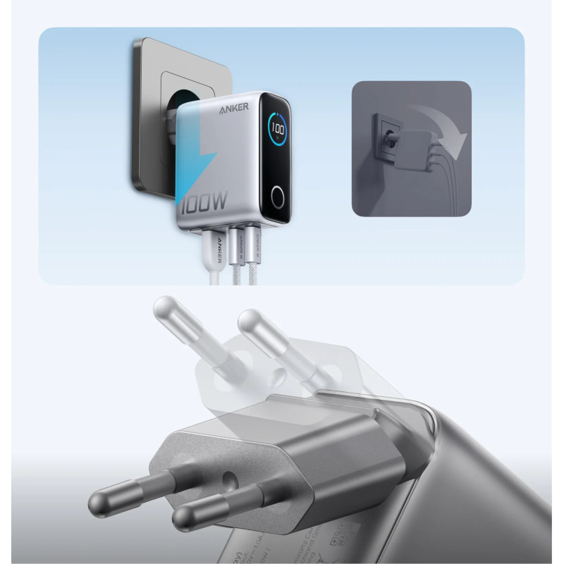 Зарядний пристрій Anker GaN Charger 100 Вт 2xUSB-C PD 1xUSB-A + кабель Type-C Silver (B121BG41)