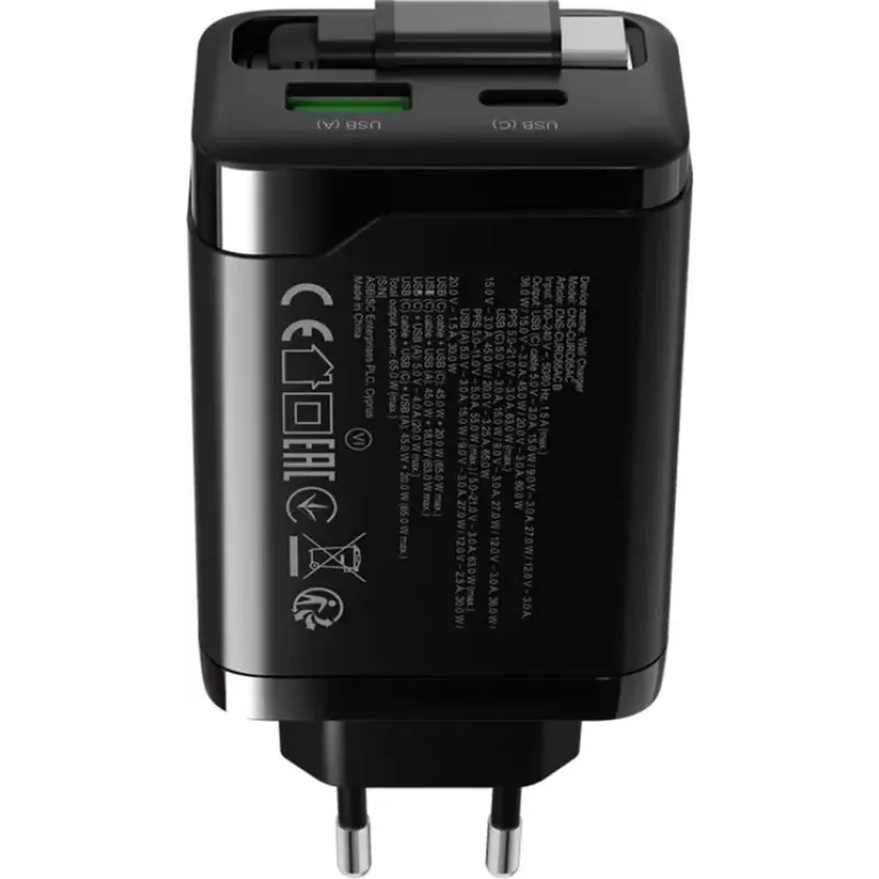 Зарядний пристрій Canyon OnCharge 65RC Build-In Cable 65W Black (CNS-CURC65ACB)