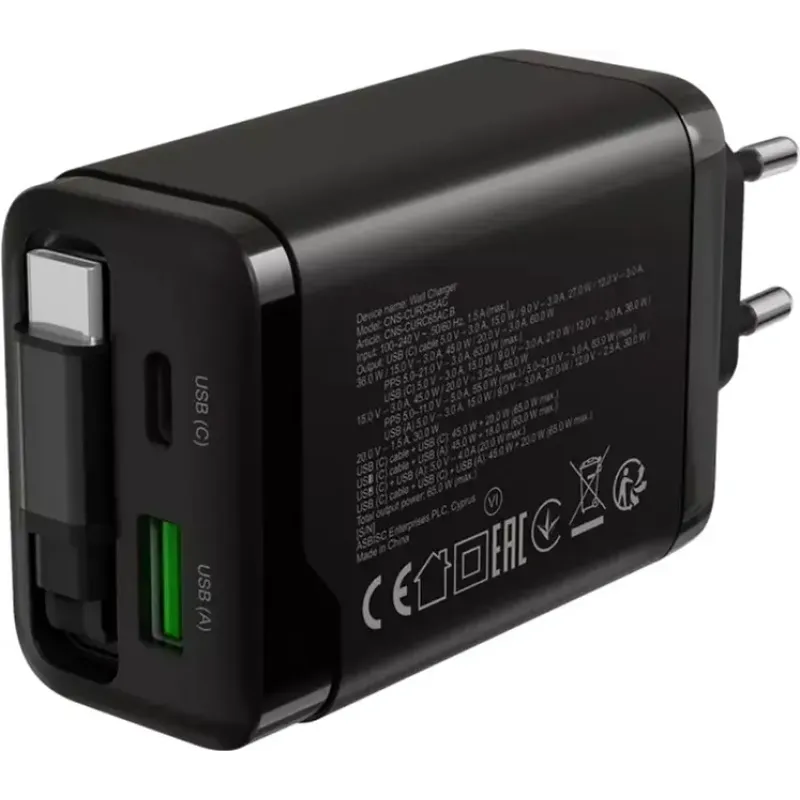 Зарядний пристрій Canyon OnCharge 65RC Build-In Cable 65W Black (CNS-CURC65ACB)
