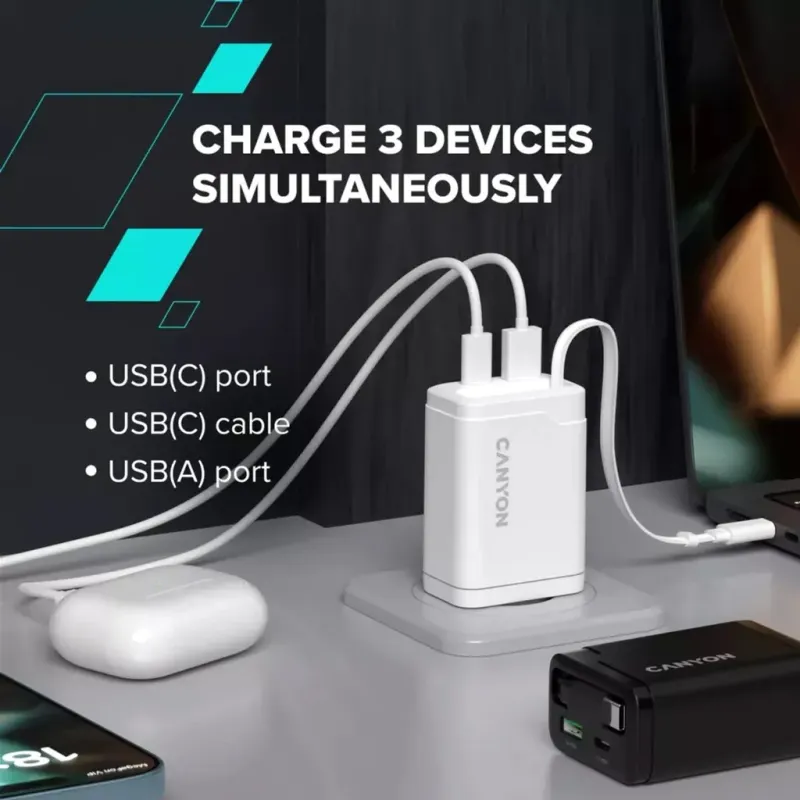 Зарядний пристрій Canyon OnCharge 65RC Build-In Cable 65W Black (CNS-CURC65ACB)