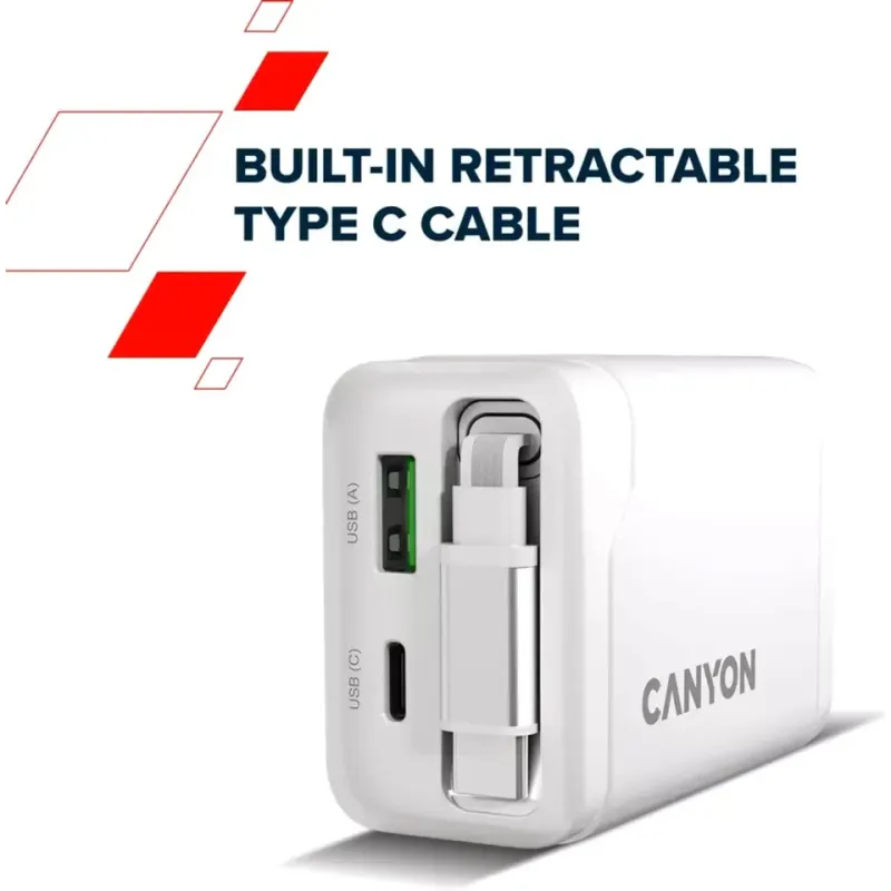 Зарядний пристрій Canyon OnCharge 65RC Build-In Cable 65W Black (CNS-CURC65ACB)