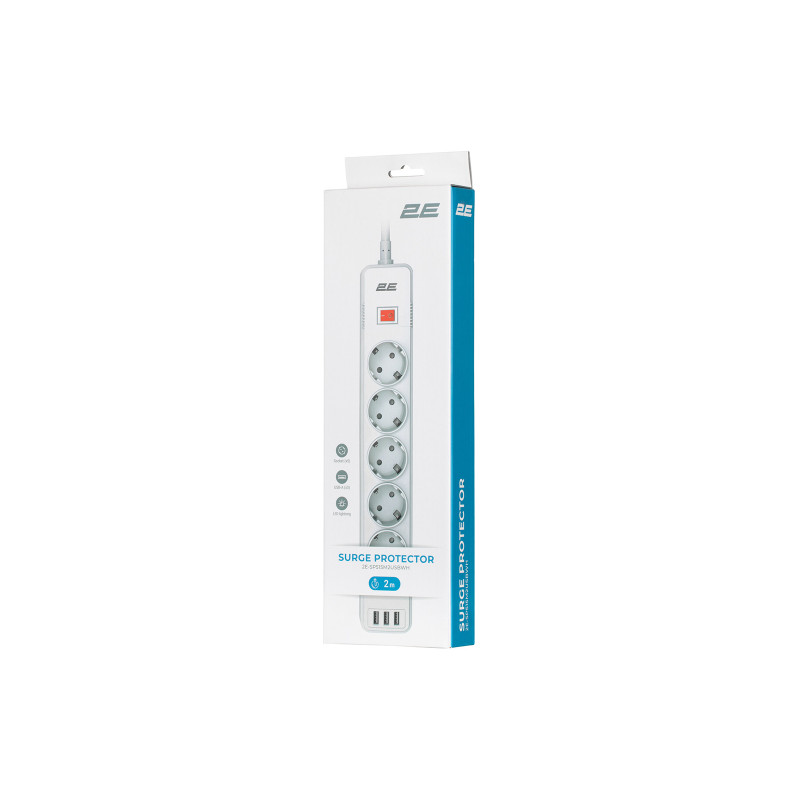 2E 5XSchuko 3G*1.5мм, 3*USB-A, 2м, white (2E-SP515M2USBWH)