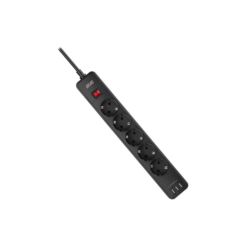 2E 5XSchuko 3G*1.5мм, 3*USB-A, 2м, black (2E-SP515M2USBBK)