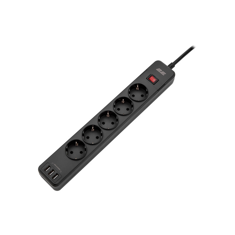 2E 5XSchuko 3G*1.5мм, 3*USB-A, 2м, black (2E-SP515M2USBBK)